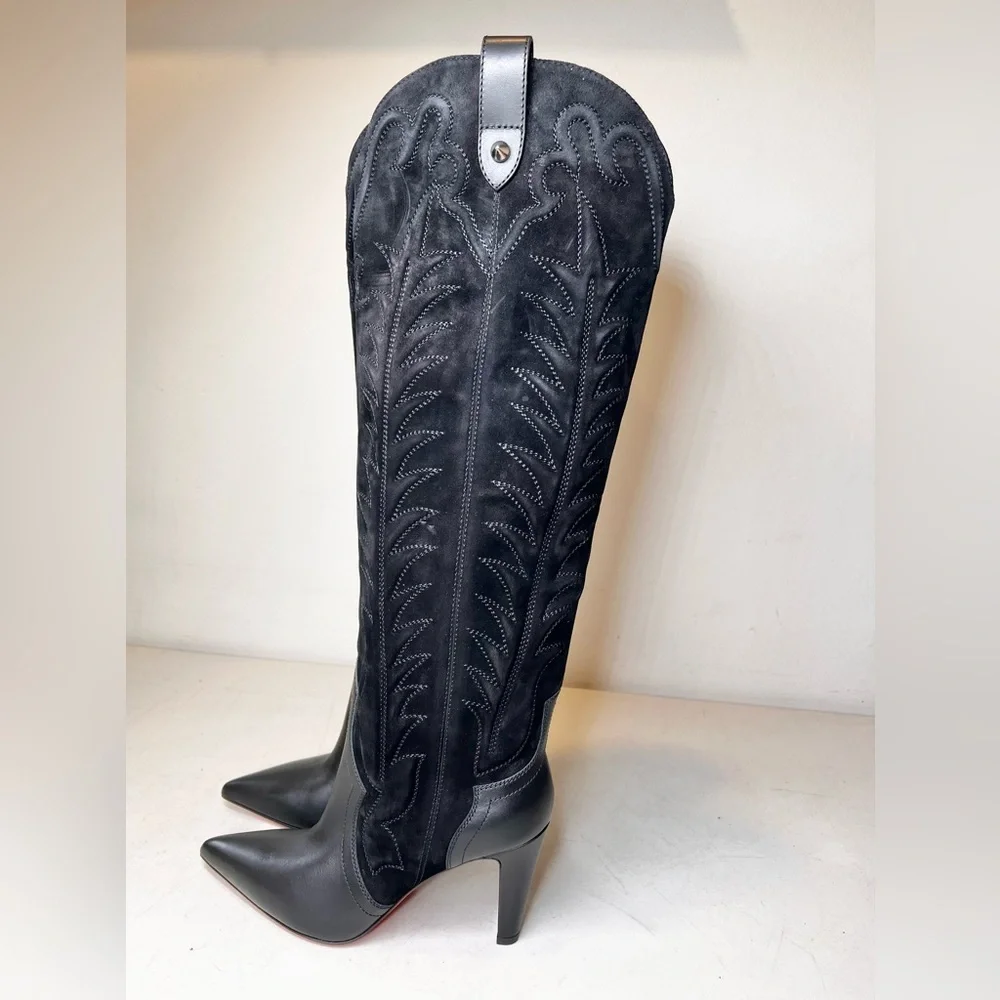 Christian Louboutin Santia Botta 85mm Knee-High Western Pointed Toe Heeled Boots - Picture 4 of 11